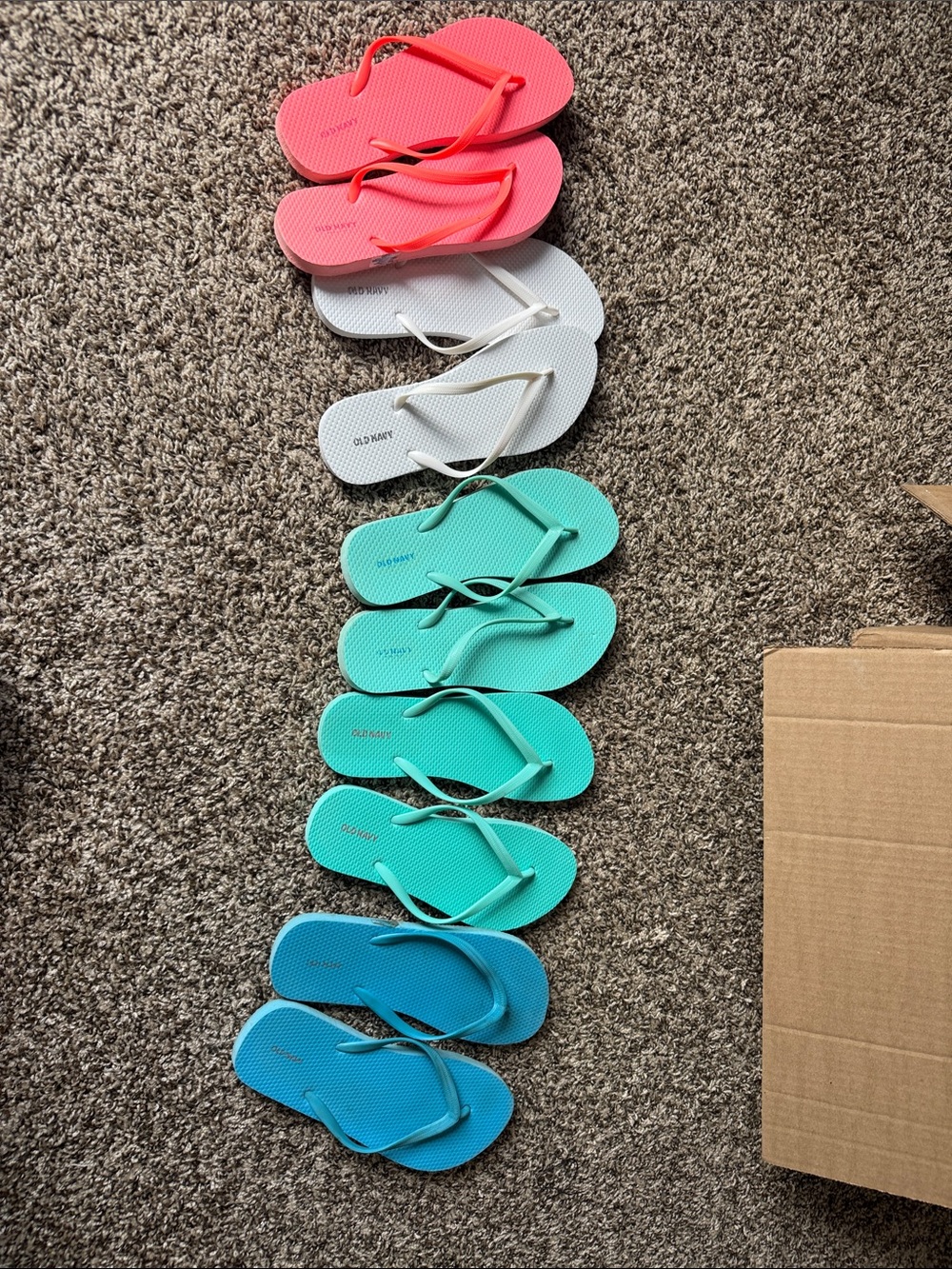 Old Navy Flip Flops in Coral, White, Teal, and Blue